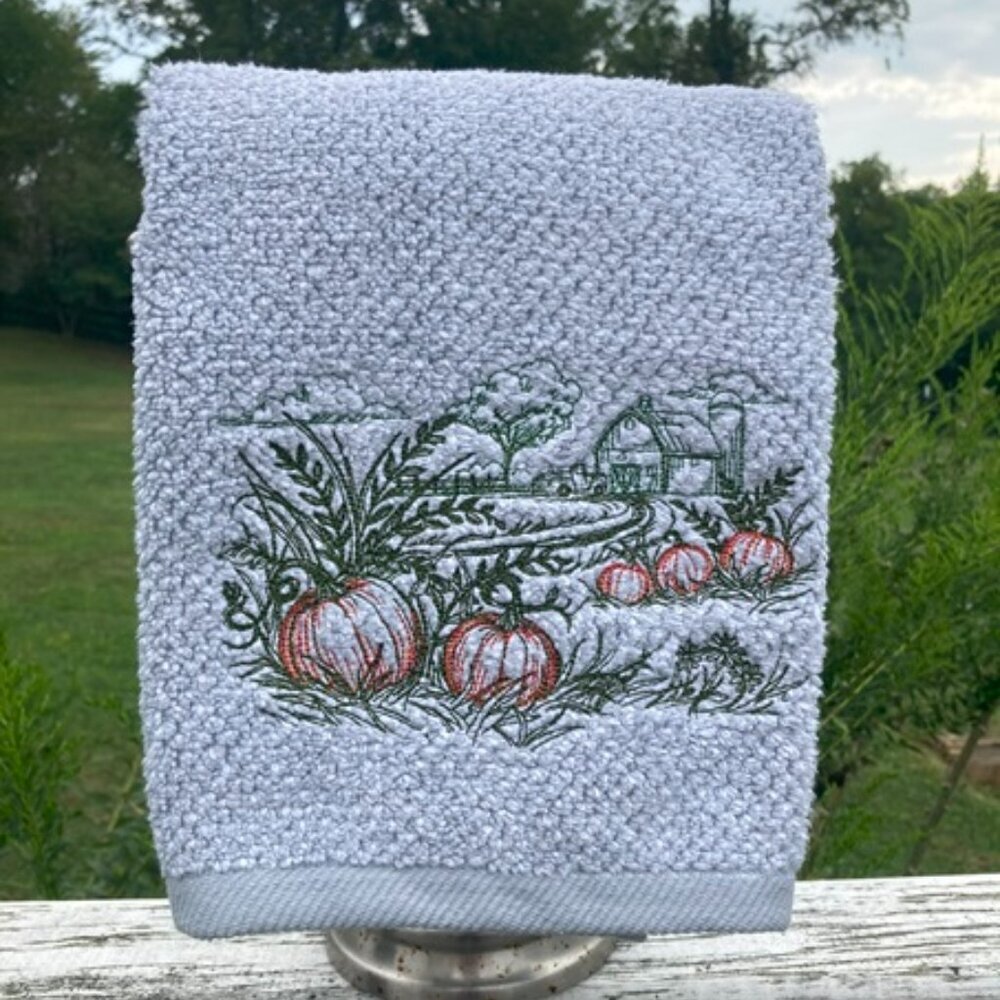 Gray Organic Cotton Hand Towel Featuring a Rustic Rural Pumpkin Patch- Seasonal